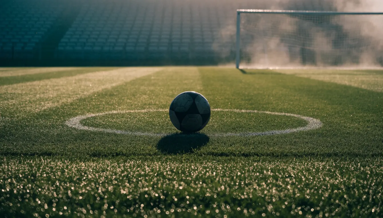 Ein einzelner Fussball liegt auf dem Anstosspunkt eines leeren Rasenplatzes am frühen Morgen, Tau glitzert auf dem Gras, die Tribüne liegt im Dunst.