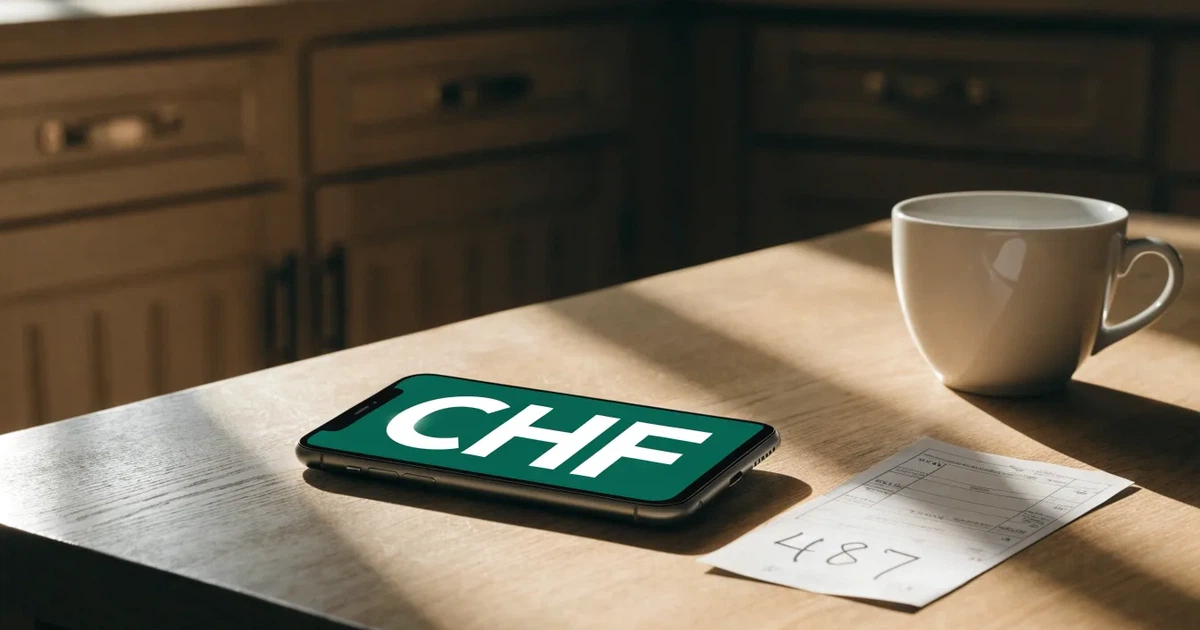 Ein Taschenrechner und ein Bleistift liegen auf einem hellen Küchentisch neben einer Tasse Kaffee, Sonnenlicht fällt schräg über die Tischplatte.