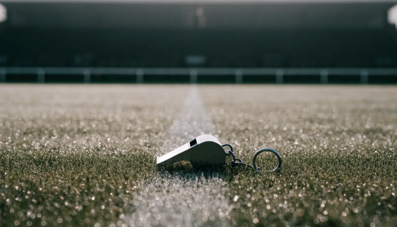Eine Trillerpfeife liegt auf dem Rasen neben der Mittellinie, Tau hängt an den Halmen, im Hintergrund ein leerer Spielfeldrand.