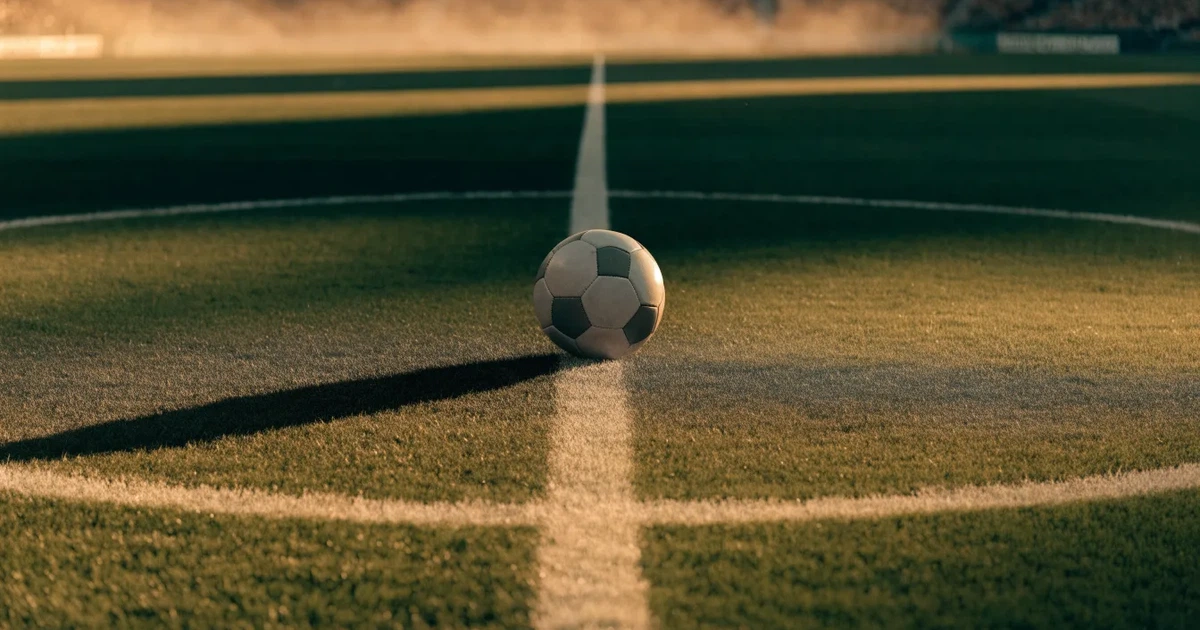Ein Fussball liegt auf dem Mittelkreis eines Rasenfelds, die weissen Linien kreuzen sich auf dem gepflegten Gras im warmen Abendlicht.