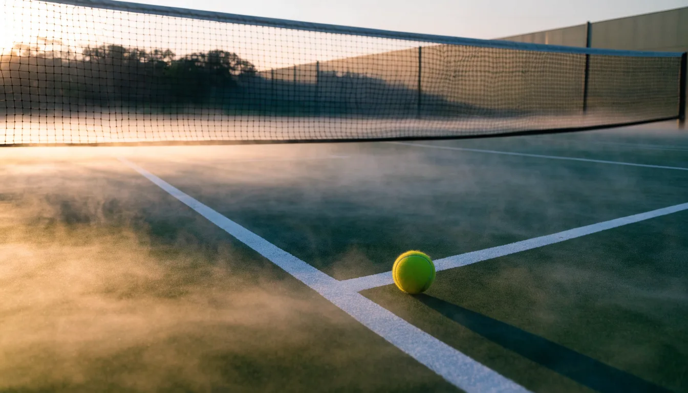 Ein Tennisplatz bei Sonnenaufgang, die Linien frisch gezogen, das Netz in der Mitte und Nebel über dem Boden.