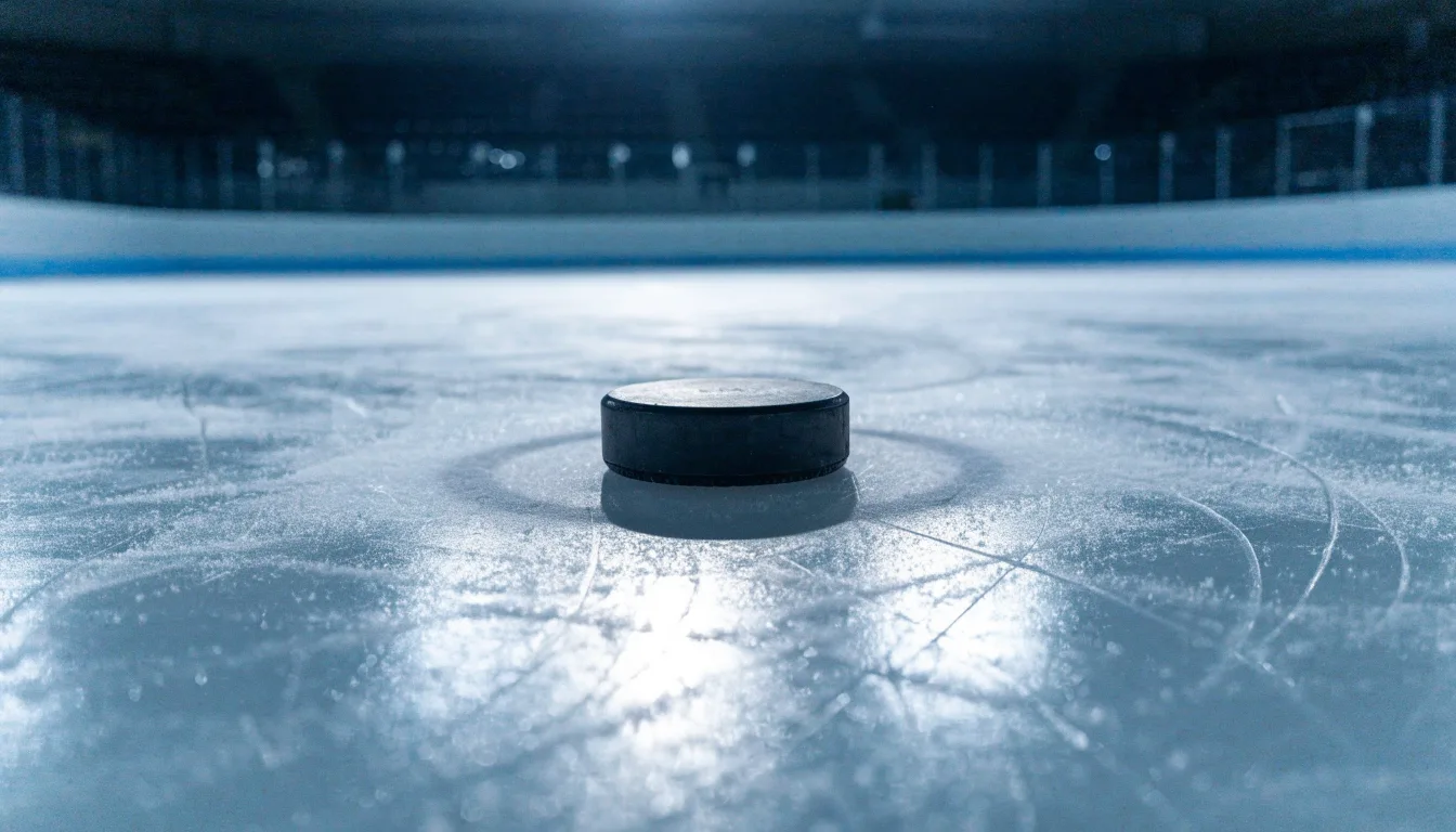 Ein Eishockeypuck liegt auf dem Eis, im Hintergrund unscharf die Bande unter hellem Hallenlicht.