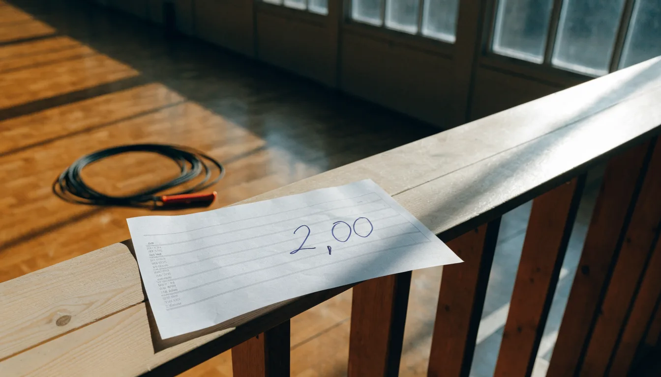 Ein Springseil liegt aufgerollt auf dem Boden einer Turnhalle, Sonne fällt durch hohe Fenster auf das Parkett.