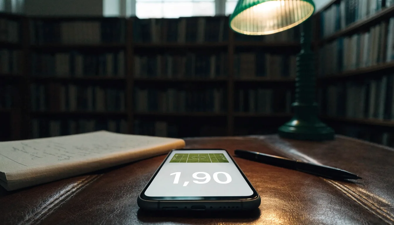 Eine Bibliothek mit hohen Holzregalen voller Bücher, im Vordergrund ein Lesetisch mit grüner Lampe.