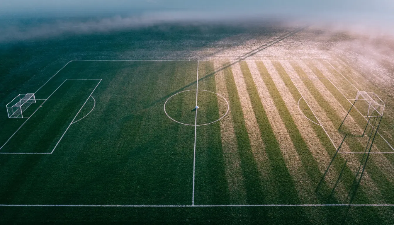 Ein Fussballplatz von oben gesehen, die Linien bilden ein helles Muster auf dem Rasen, Drohnenperspektive in der Morgendämmerung.