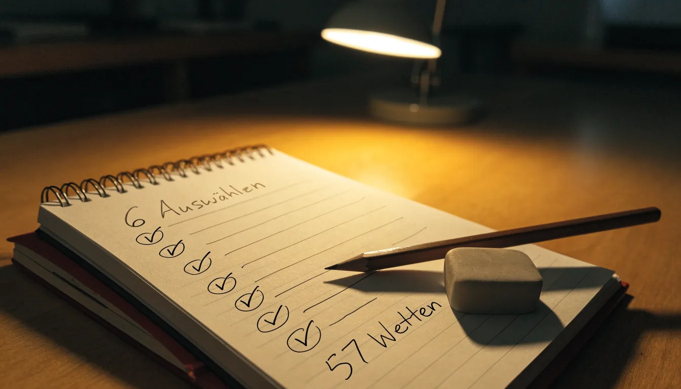 Ein Bleistift und ein Radiergummi liegen auf einem kleinen Stapel Notizzettel, gelbes Licht einer Schreibtischlampe.