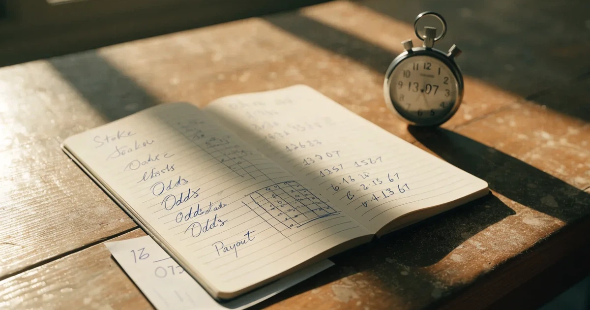 Ein aufgeschlagenes Notizbuch mit handschriftlichen Notizen und Skizzen liegt neben einer Stoppuhr auf einem Holztisch.