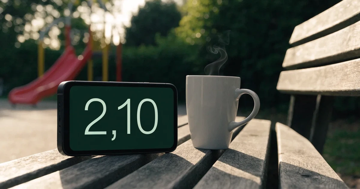 Ein Smartphone mit dunklem Display liegt auf einer Parkbank, daneben ein Kaffeebecher, im Hintergrund ein Spielplatz.