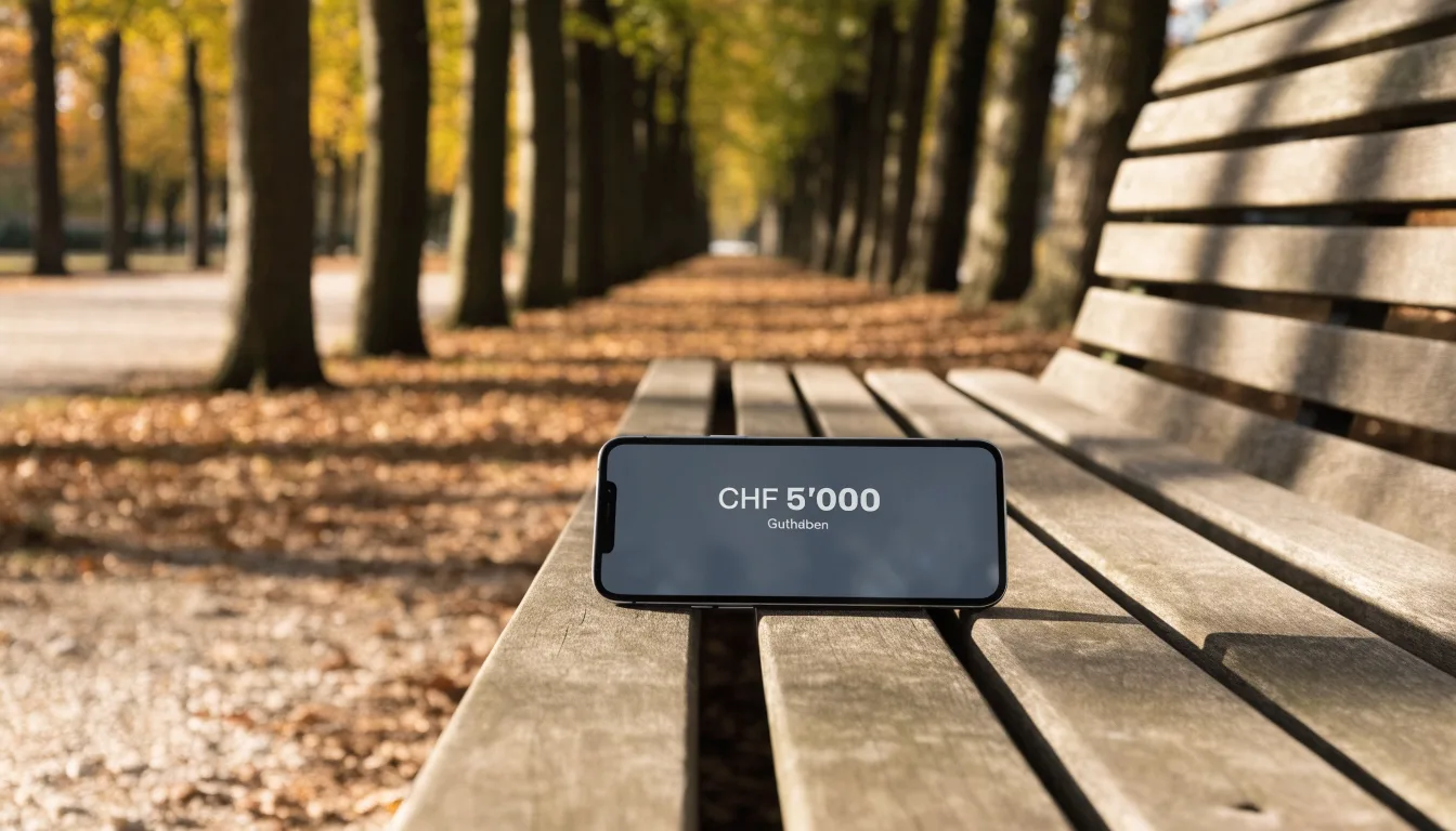 Eine Parkallee mit Kastanienbäumen und einer leeren Bank, Herbstlaub bedeckt den Kiesweg.