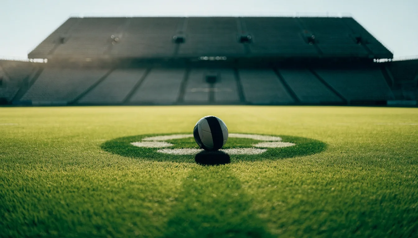 Ein Fussball liegt auf dem Anstosspunkt eines leeren Rasenplatzes im frühen Morgenlicht, dahinter erhebt sich eine menschenleere Tribüne.