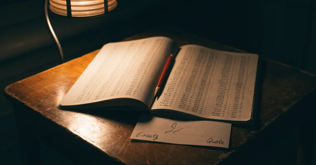 Ein aufgeschlagenes Notizbuch mit handschriftlichen Strichlisten und Spalten liegt neben einem Bleistift auf einem Holztisch im warmen Licht einer Schreibtischlampe.