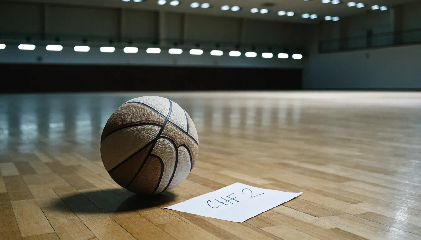 Ein Basketball liegt auf dem Parkett einer leeren Halle, von den Deckenlampen fällt gleichmässiges Licht auf den Boden.