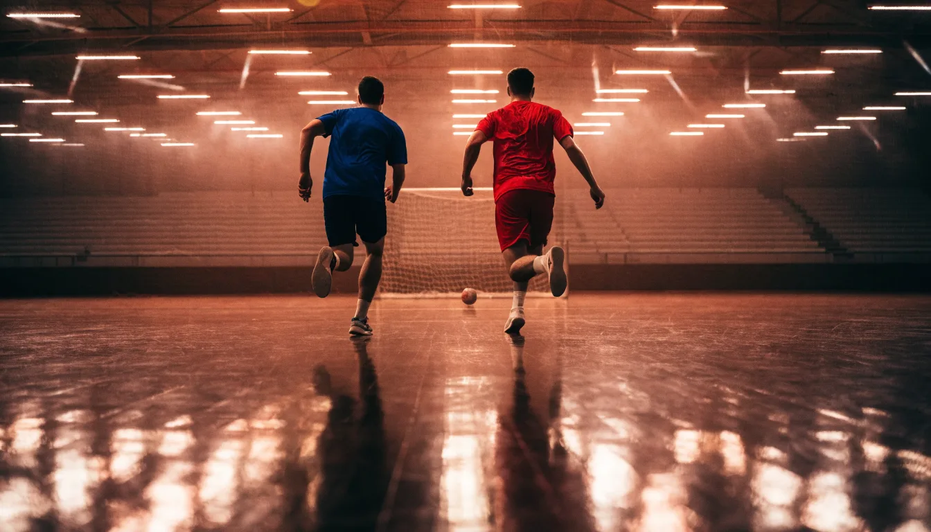 Ein Handballtor in einer leeren Sporthalle, der Ball liegt im Torraum und das Hallenlicht spiegelt sich im Parkett.
