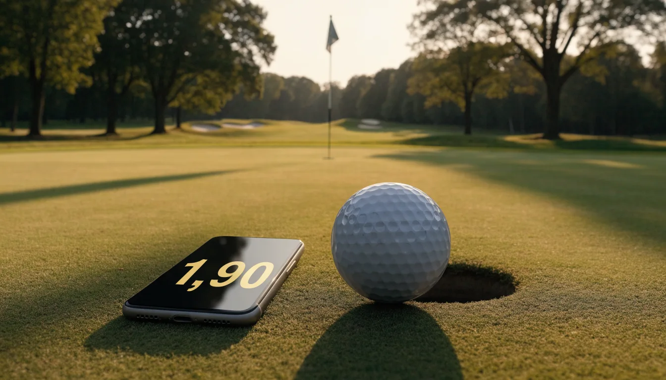 Ein Golfball liegt auf einem gepflegten Grün nahe am Loch, im goldenen Licht der Abendsonne.