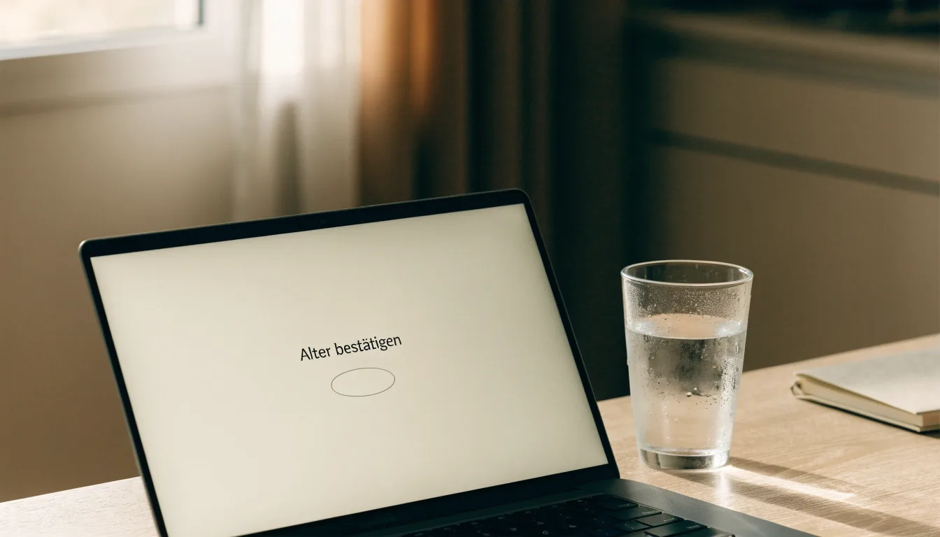 Ein geschlossener Laptop steht neben einem Glas Wasser auf einem Küchentisch im Licht des frühen Morgens.