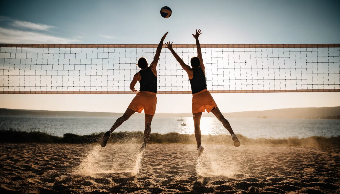 Ein Volleyball liegt im Sand eines Spielfelds am Seeufer, im Hintergrund gleitet ein Boot über das Wasser.