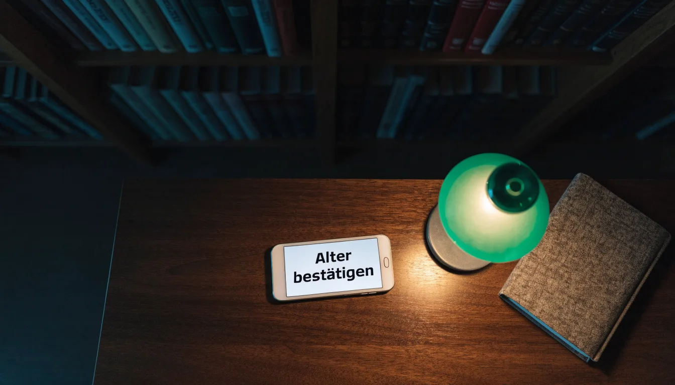 Eine Tischlampe mit grünem Schirm leuchtet auf einem Schreibtisch in einer stillen Bibliothek mit hohen Regalen.