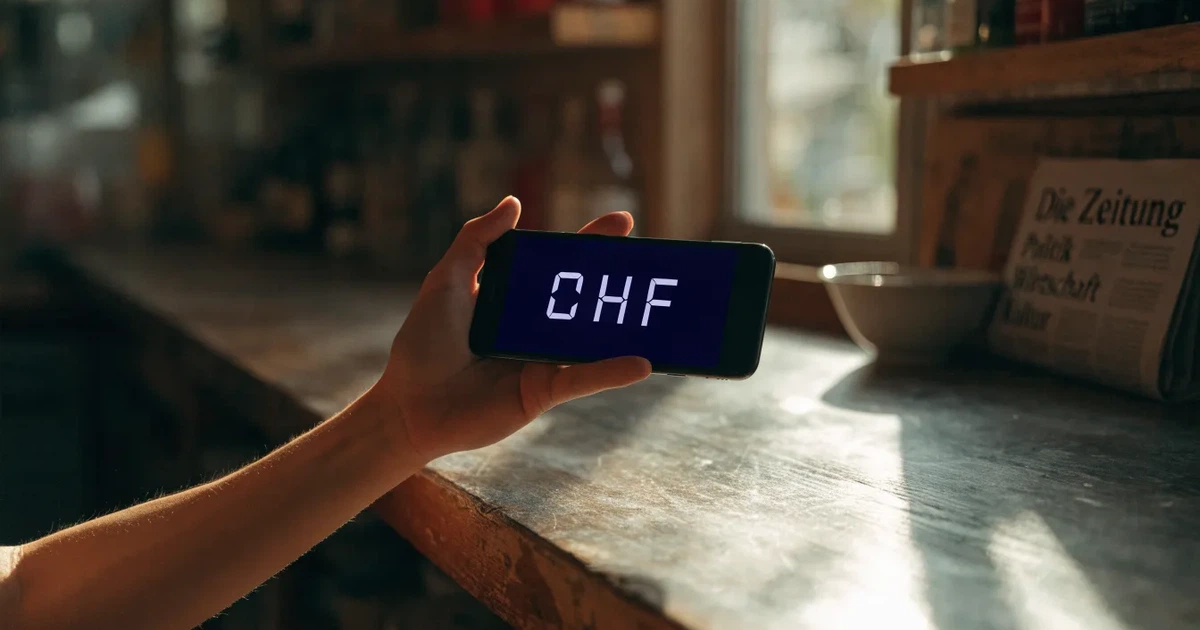 Eine Hand hält ein Smartphone mit dunklem Display knapp über eine hölzerne Ladentheke in einem kleinen Geschäft.