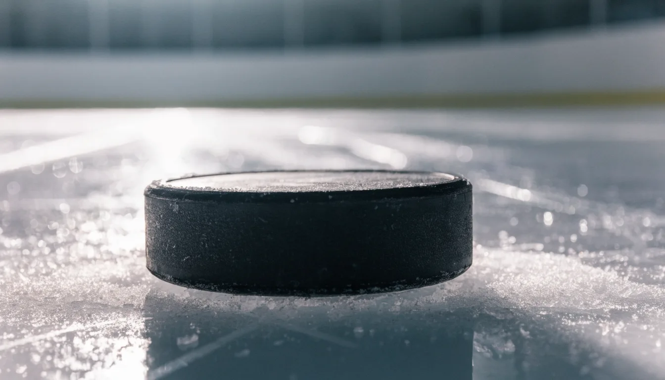 Ein Eishockeypuck liegt in Grossaufnahme auf der Eisfläche, feine Kratzer im Eis glänzen im hellen Hallenlicht.