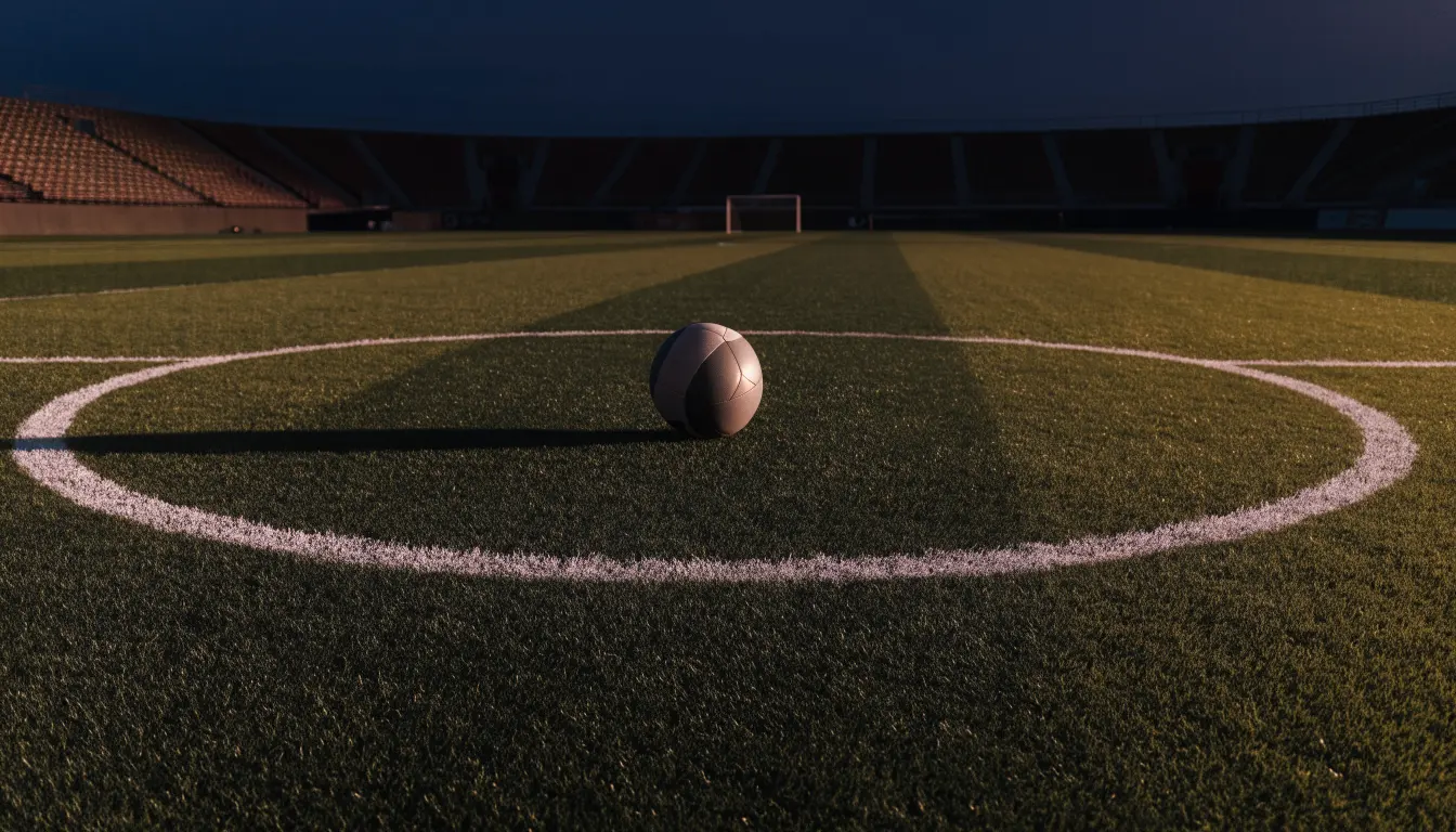 Ein Fussball liegt auf dem Mittelkreis eines leeren Rasenplatzes, dahinter ragen leere Tribünenreihen in den Abendhimmel.