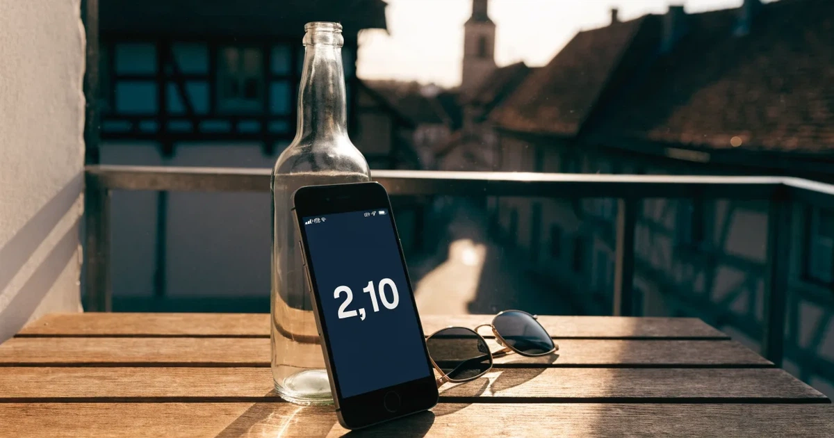 Ein Smartphone mit dunklem Display lehnt an einer Glasflasche auf einem Balkontisch, dahinter liegt eine Altstadt in der Abendsonne.