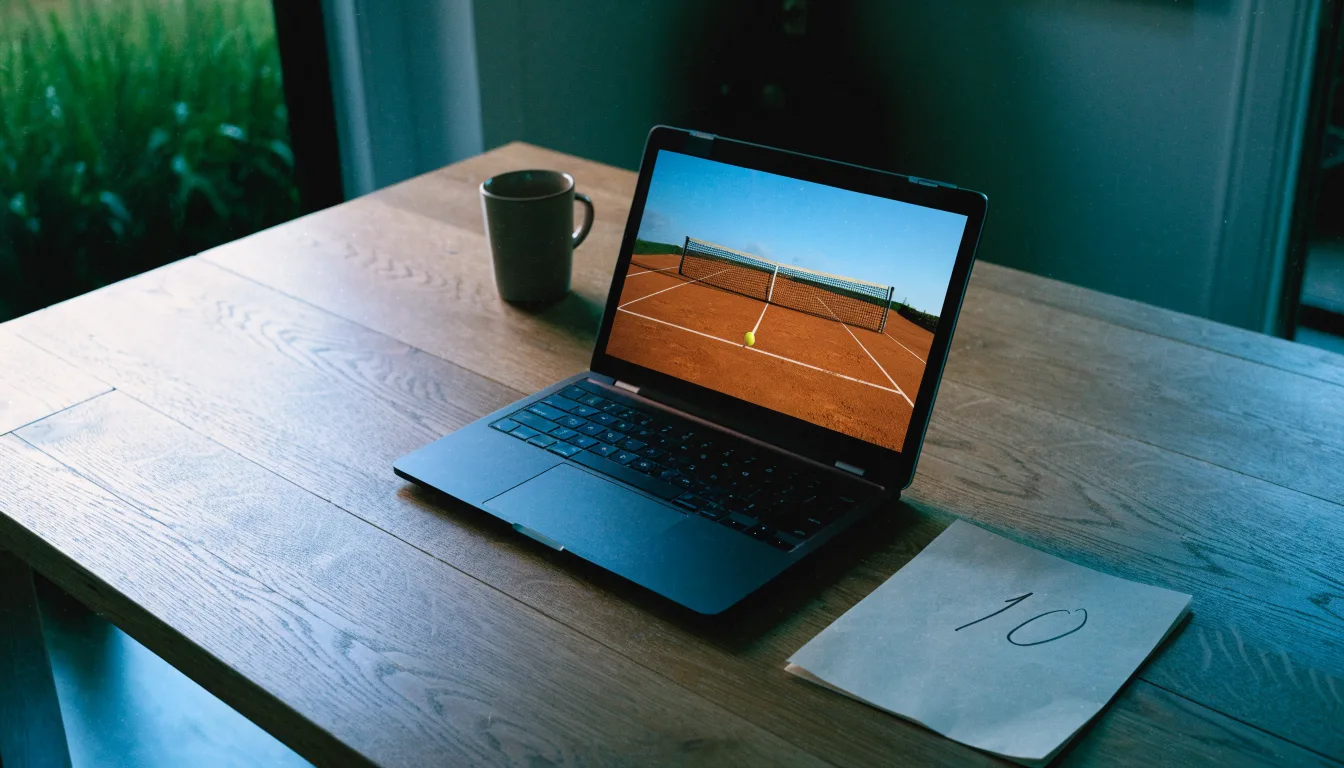 Ein Sandplatz für Tennis liegt bei Morgengrauen leer da, Tau glänzt auf dem Netz, hinter dem Zaun steigen Wiesen an.