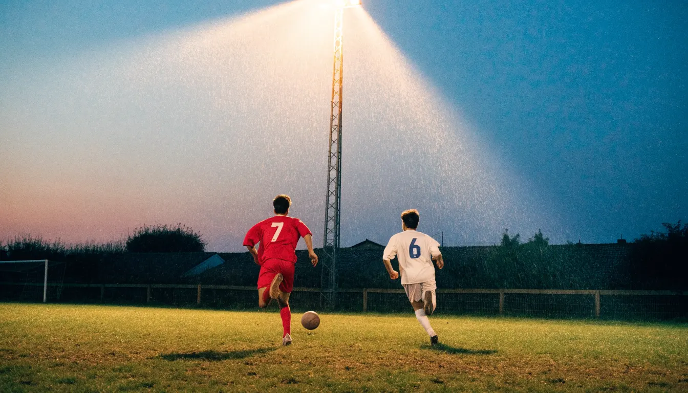 Ein kleiner Dorf-Fussballplatz liegt in der Dämmerung unter einem hohen Flutlichtmast, am Spielfeldrand steht ein Holzzaun.