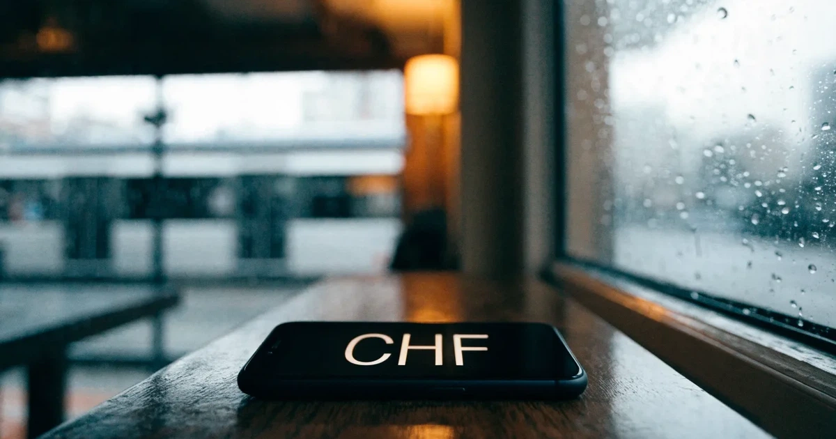 Ein Café-Tisch am Fenster trägt ein Smartphone mit dunklem Display, an der Scheibe laufen Regentropfen herunter und draussen steht eine Tram.