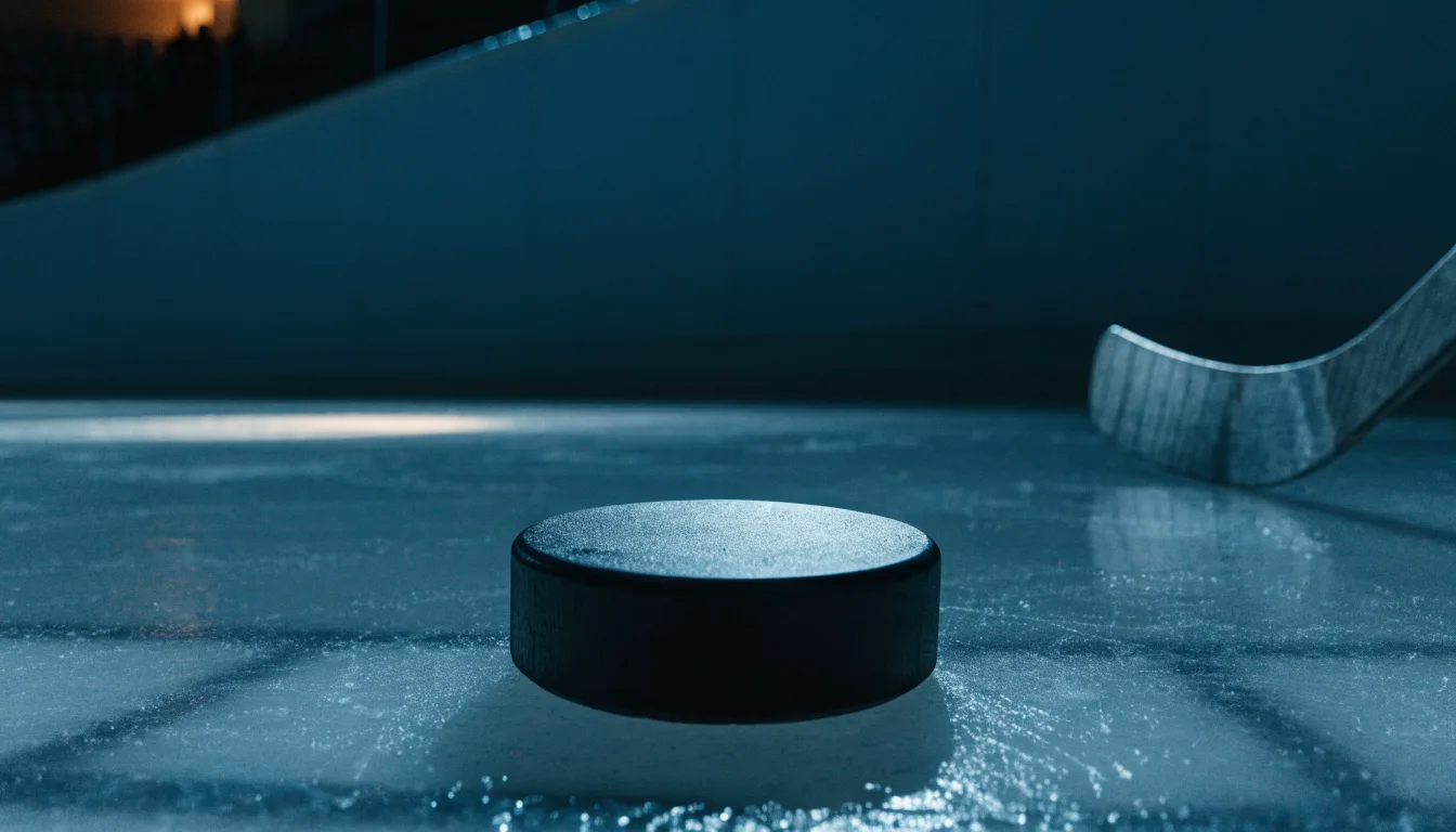 Ein Eishockeypuck liegt auf der Eisfläche neben dem Blatt eines Schlägers, die Bande dahinter ist im Dunkeln nur schwach zu erkennen.