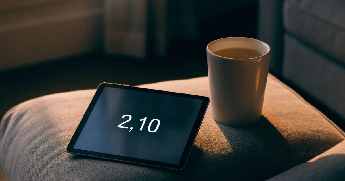Ein Tablet mit schwarzem Display liegt auf einem Sofakissen, daneben ein Becher mit Tee, vom Fenster her fällt Abendlicht.
