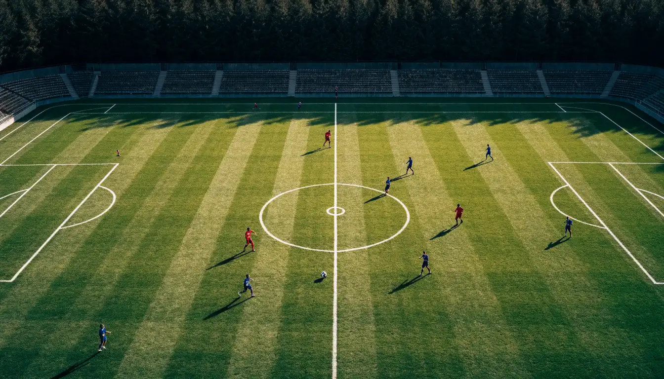 Ein Rasenplatz mit Spielfeldlinien ist von oben gesehen, ein einzelner Ball liegt in der Mitte, rundherum stehen leere Tribünen und Tannenwald.