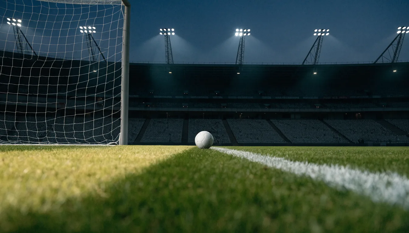 Leere Tribünenränge eines Fussballstadions in der Abenddämmerung, über dem Rasen leuchten die Flutlichter.