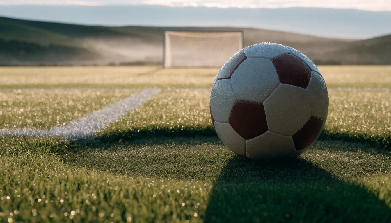 Ein Fussball liegt am frühen Morgen auf dem Anstosspunkt eines taunassen Rasens, im Hintergrund erheben sich Hügel im Dunst.
