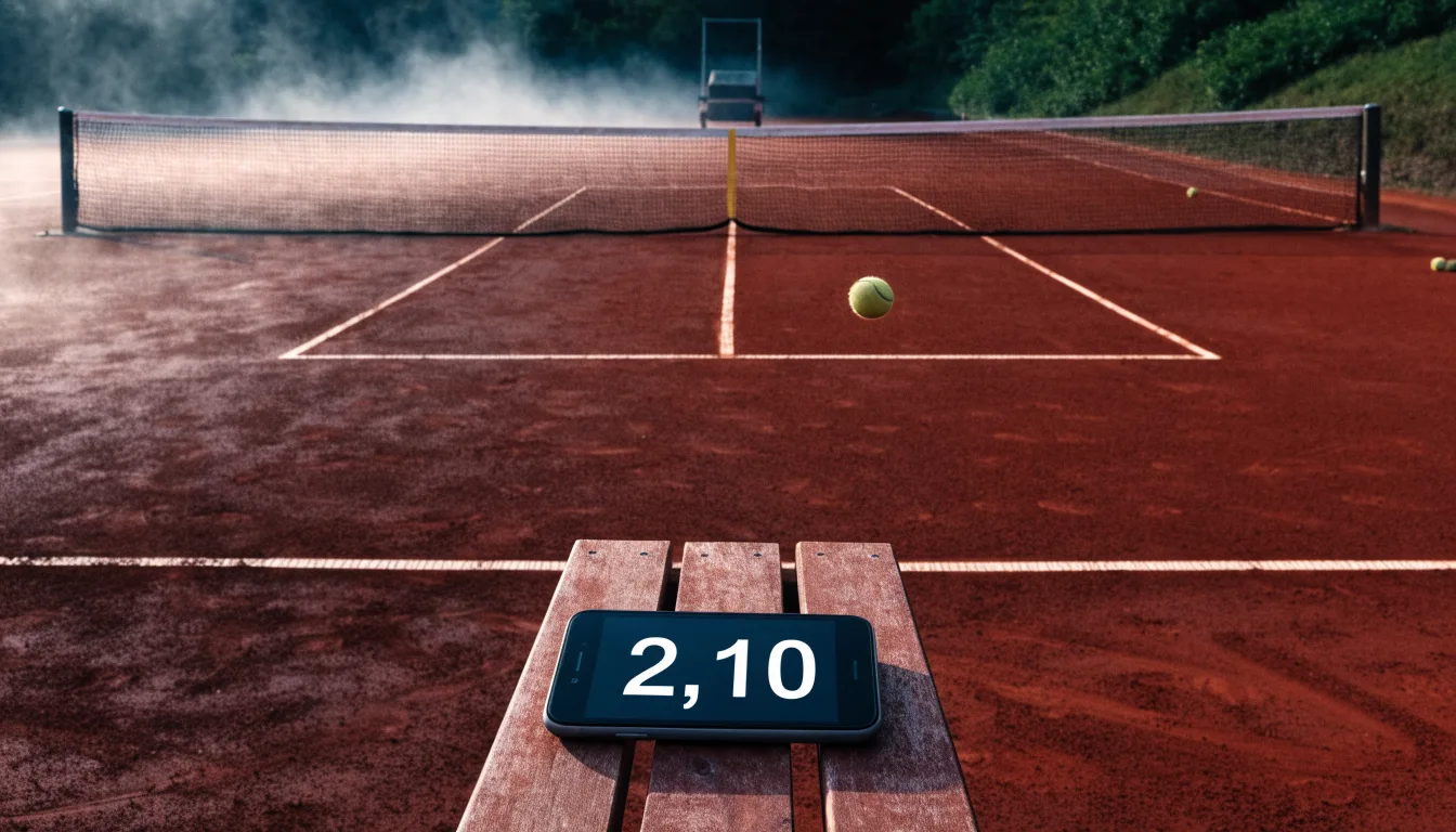Ein Tennisplatz im Morgengrauen mit gespanntem Netz und feinem Dunst über der roten Asche.