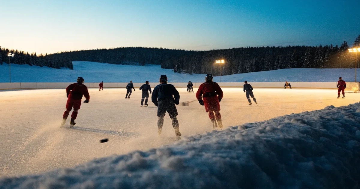 Eine Eisfläche unter Flutlicht in der Winterdämmerung, aus grosser Distanz von einem verschneiten Hang aus gesehen.