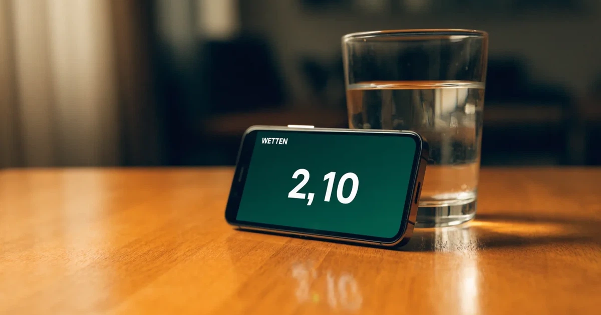 Ein Smartphone liegt mit dem Display nach unten auf einem Holztisch neben einem Wasserglas.