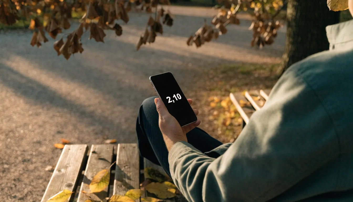 Eine Parkbank unter einer Kastanie im Herbst, auf dem Kiesweg liegen gelbe Blätter.
