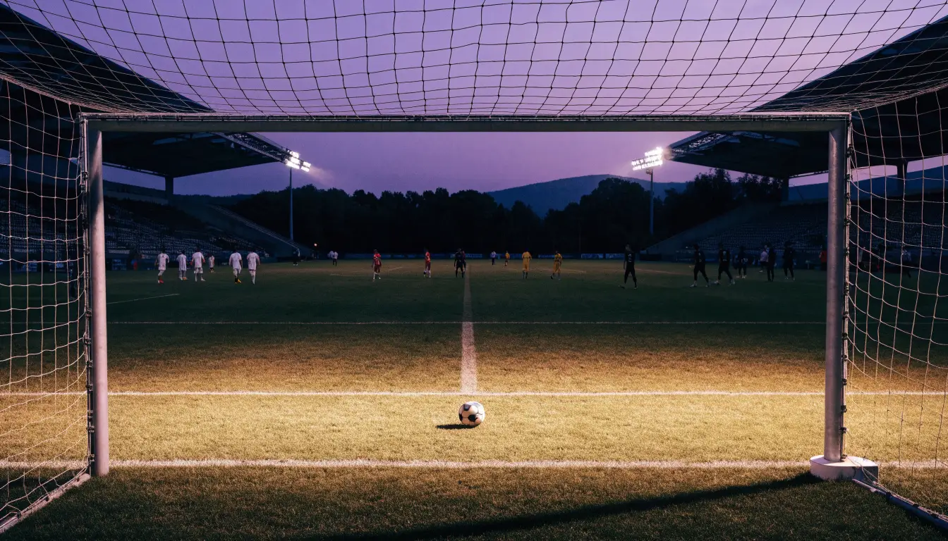 Die Silhouette eines Stadiondachs vor dem violetten Abendhimmel, dahinter eine Hügelkette.