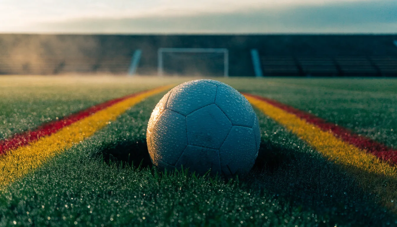 Ein Fussball ruht an der Seitenlinie im taufeuchten Gras, die ersten Sonnenstrahlen fallen schräg über den Platz.
