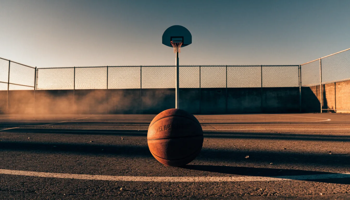 Ein Basketball liegt bei Sonnenuntergang auf einem leeren Aussenplatz, lange Schatten fallen über den Boden.