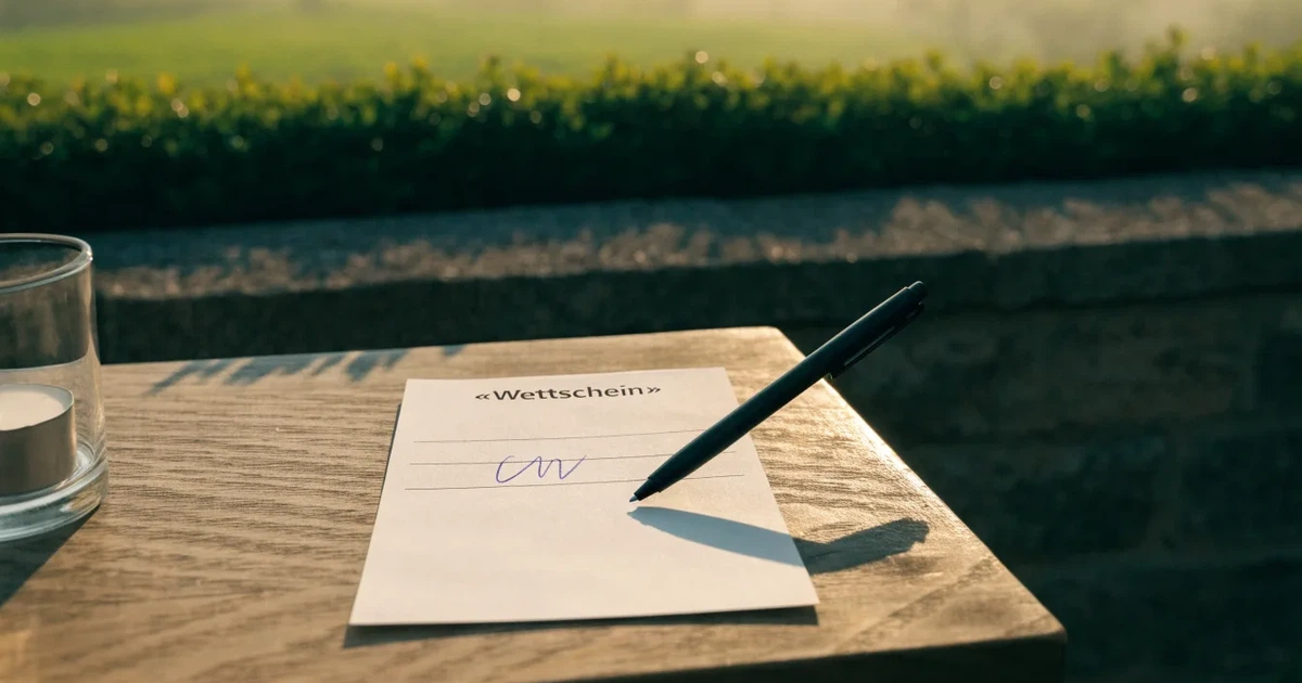 Ein leeres Wettschein-Papier und ein Kugelschreiber liegen auf einem Gartentisch auf einer Terrasse, daneben steht ein Windlicht.