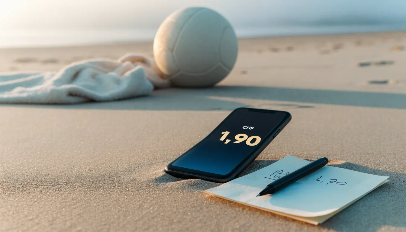Ein Volleyball liegt auf feinem Sand an einem leeren Strand bei Sonnenaufgang.