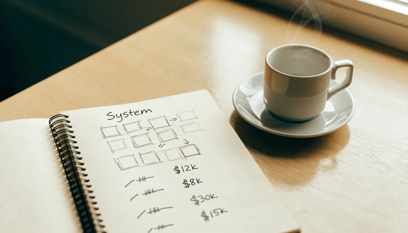 Ein aufgeschlagenes Notizbuch mit handschriftlichen Pfeilen und Kästchen liegt neben einer Kaffeetasse auf einem Schreibtisch am Fenster.