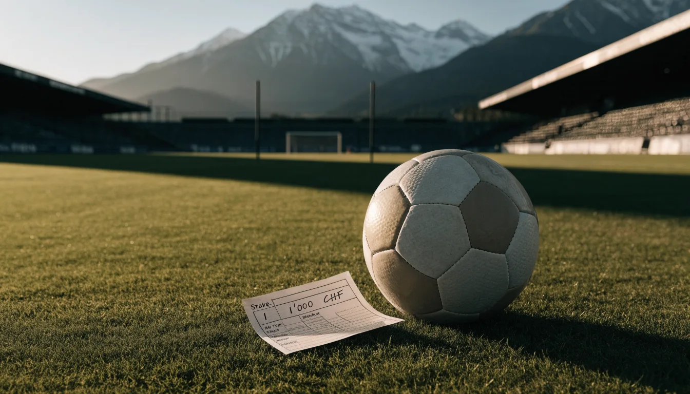 Ein Fussball liegt auf dem Rasen eines leeren Stadions am frühen Abend, dahinter erheben sich schneebedeckte Berge unter klarem Himmel.