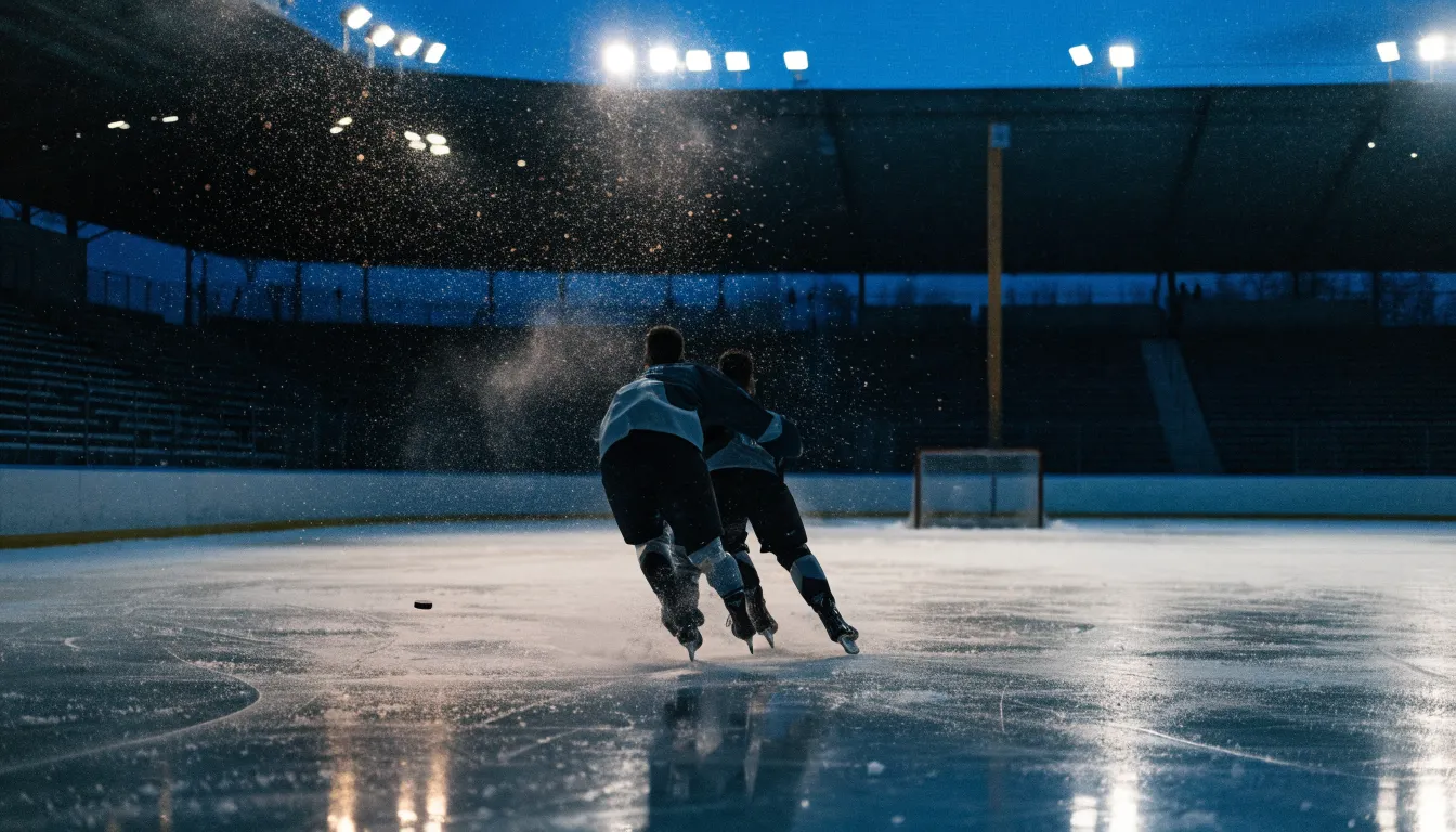 Aus der Ferne ist eine Eisbahn unter Flutlicht in der Winterdämmerung zu sehen, am Rand liegt frischer Schnee.