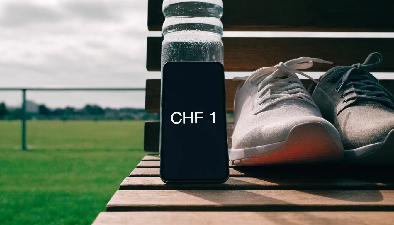 Ein Smartphone mit dunklem Bildschirm lehnt an einer Wasserflasche, daneben stehen Laufschuhe auf einer Bank am Sportplatz.