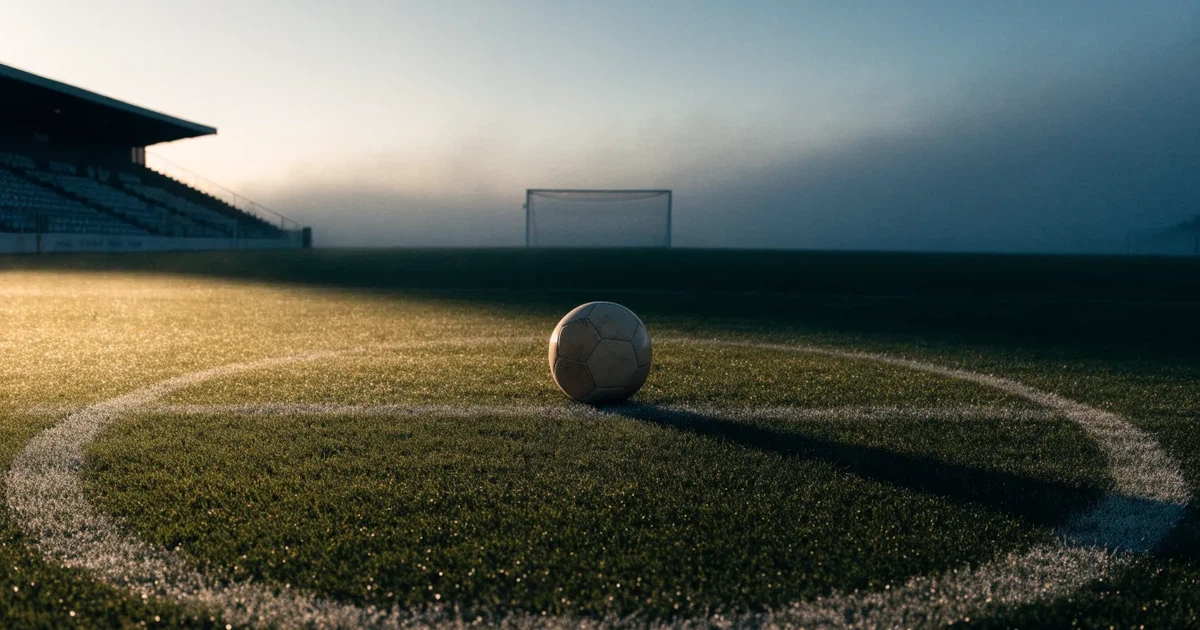 Ein Fussballplatz im Morgennebel, im Mittelkreis liegt ein einzelner Ball und der Rasen glänzt vom Tau.