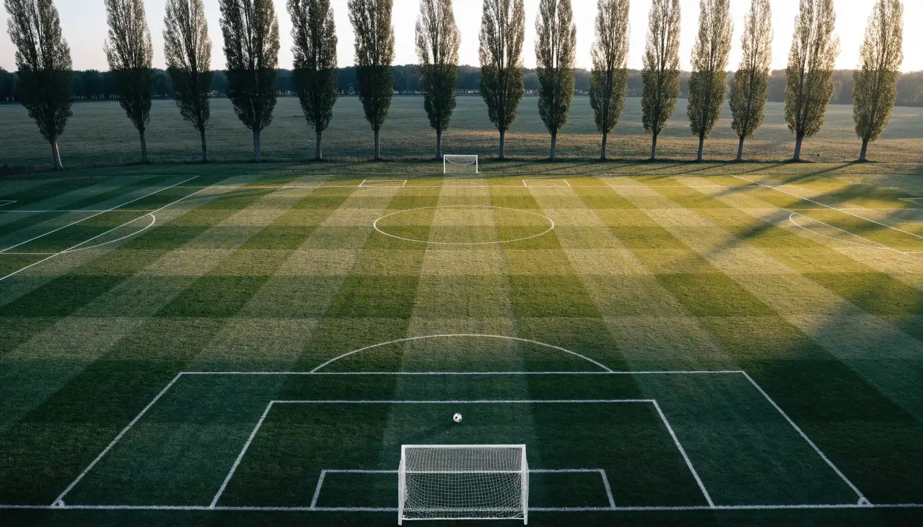 Ein leerer Fussballplatz mit weissen Linien von oben gesehen im Morgenlicht, am Rand stehen zwei Tore und eine Reihe Pappeln.