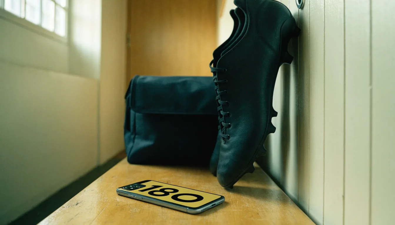 Ein Paar Fussballschuhe hängt an einem Haken in einer ruhigen Umkleide, darunter steht eine Sporttasche auf einer Holzbank.