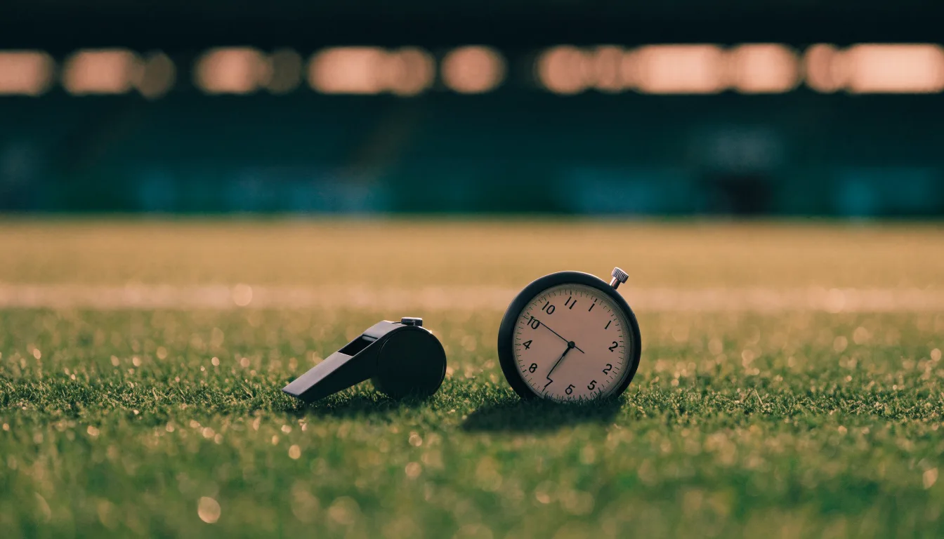 Eine Stoppuhr liegt neben einer Trillerpfeife auf einem Stück Rasen an der Seitenlinie eines Fussballfelds im Gegenlicht.
